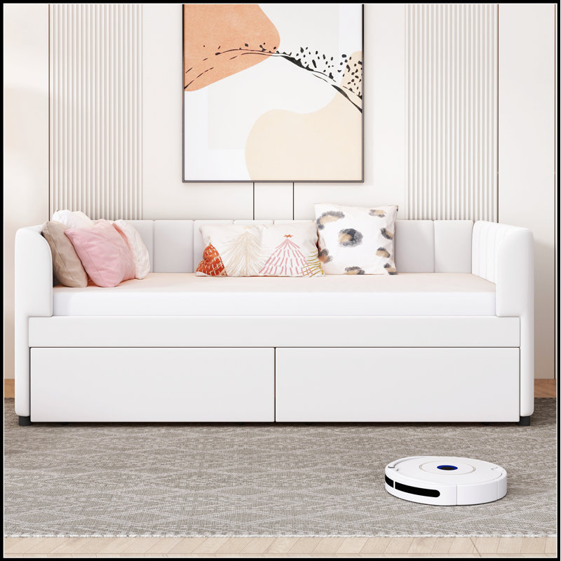 Lit de jour rembourré avec dossier ergonomique et tiroirs de rangement spacieux pour plus de confort et d'organisation, Beige