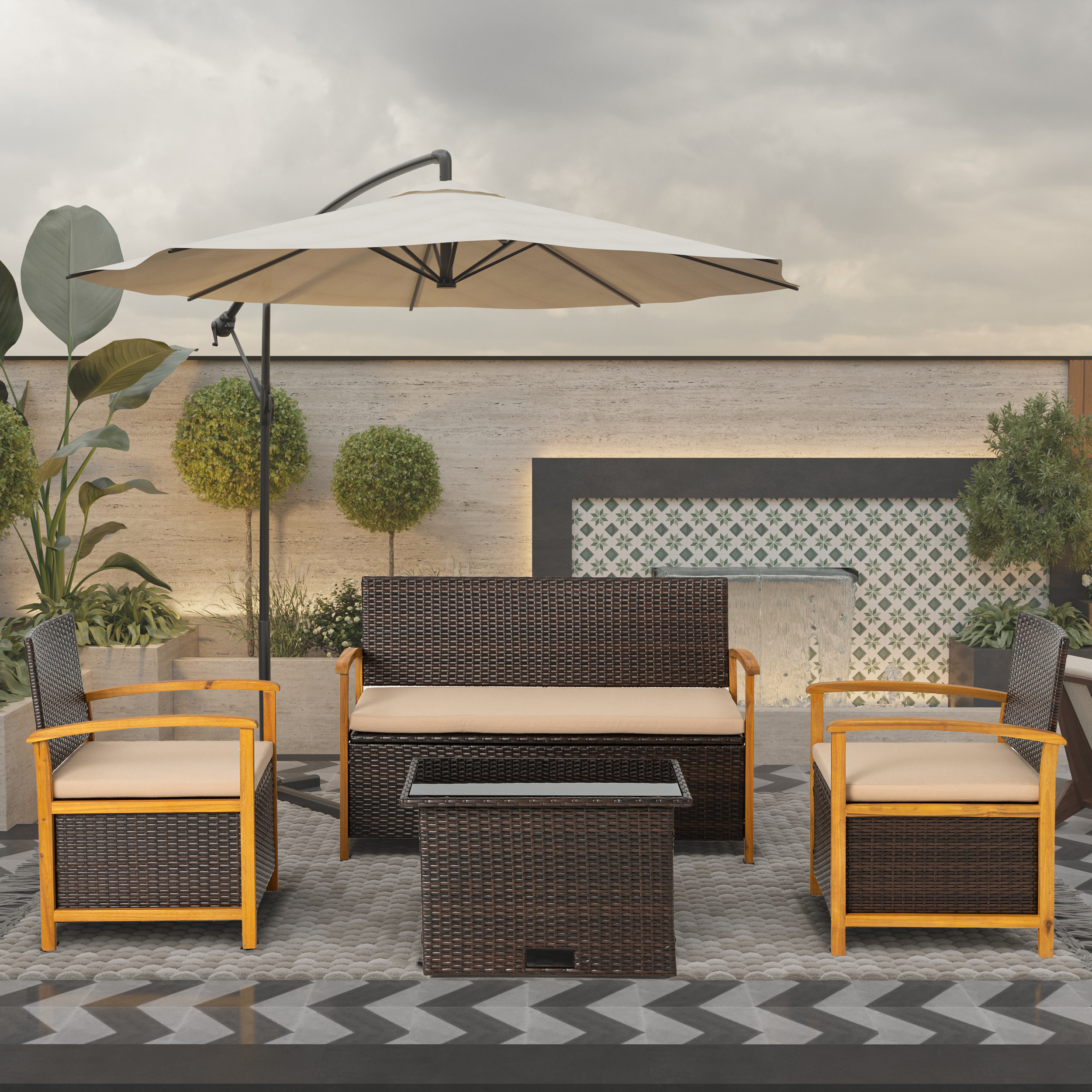 Patio Sofa Set with Adjustable Coffee Table and Hidden Storage for Outdoor Comfort