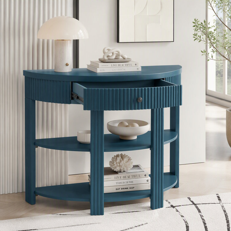 Console cannelée demi-lune avec tiroir et tablettes, Marine