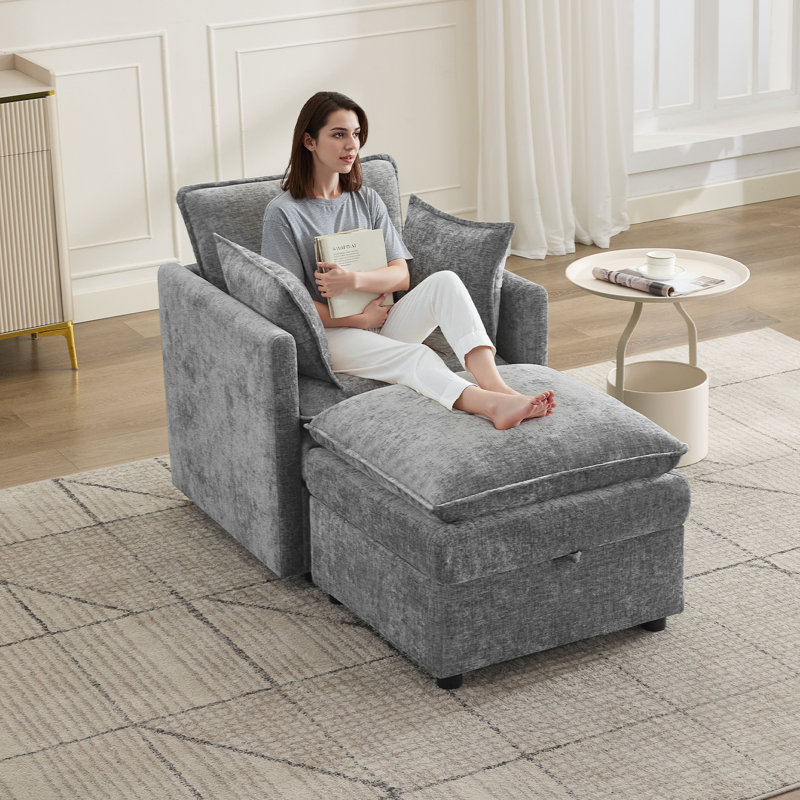 Upholstered Accent Armchair & Ottoman Set, Both with Hidden Storage, Light Gray
