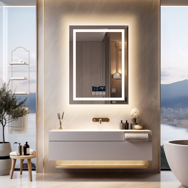 Miroir de salle de bain vertical à DEL de 80 x 61 cm avec éclairage, haut-parleur Bluetooth, affichage intelligent de l'heure et de la date, traitement antibuée et intensité lumineuse réglable en 3 couleurs.