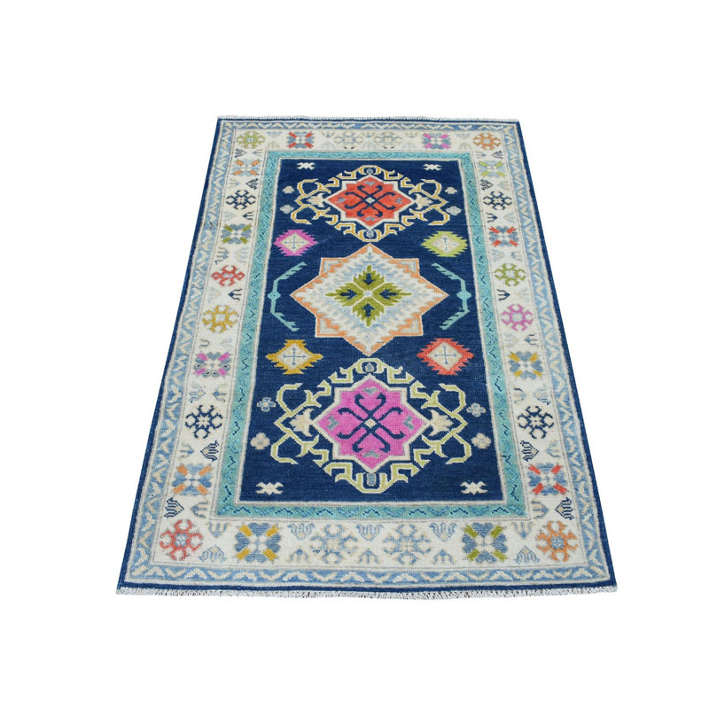 Tapis oriental bleu en laine noué à la main 3 pi 1 po x 5 pi 0 po - MOA10253539