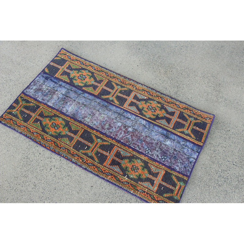 Blue Handmade Turkish Patchwork Rug Perfect for Entryway and Ideal as a Thoughtful Gift for Her