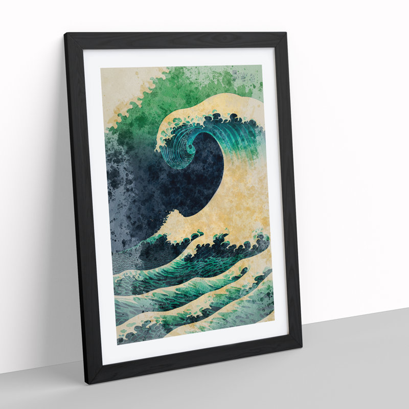 Watercolour Japanese Wave No.5 - Wall Art, Black Framed, White, 46cm H x 34cm W