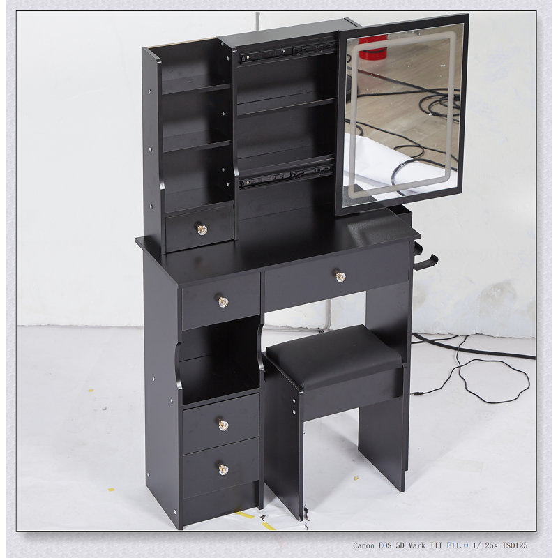 Ensemble de coiffeuse compacte avec miroir à DEL coulissant, centrale électrique et support pour sèche-cheveux pour petits espaces