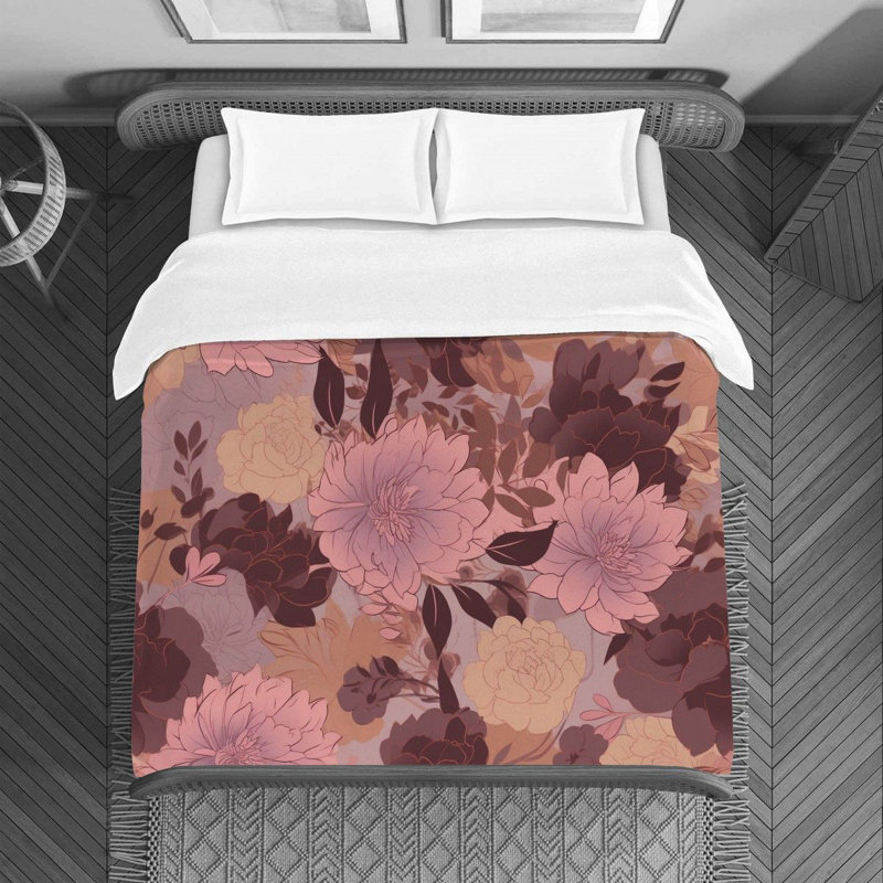 Floral Brown/Pink Microfiber Duvet Cover, King Duvet Cover