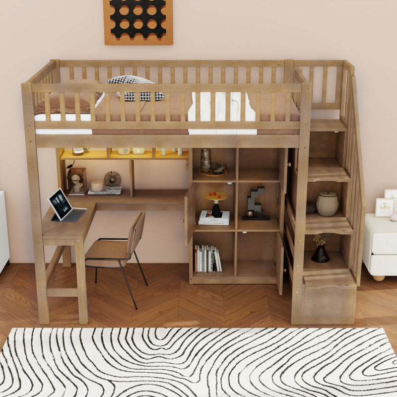 Lit mezzanine simple avec bureau intégré, DEL, tablettes et armoires, Noyer