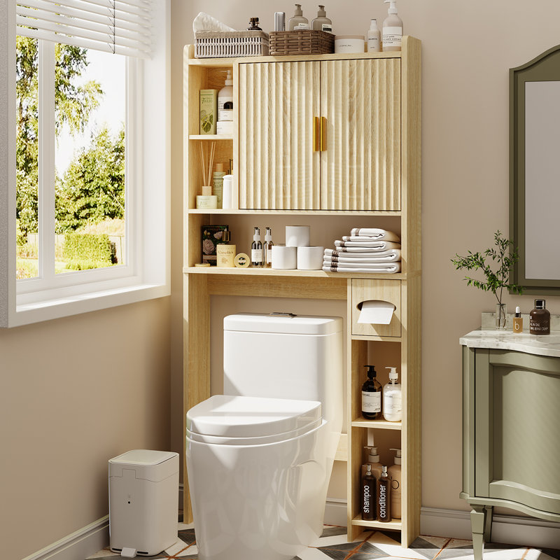 Fluted Over The Toilet Storage Cabinet, Above Toilet Bathroom Organizer With Toilet Paper Holder, Modern Behind Toilet Cabinet, Space Saver For Restroom, Bathroom, Laundry, White