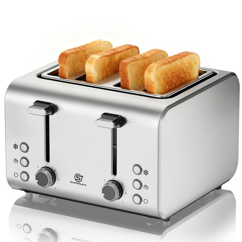 SUPERLEX 4-Slice Toaster 1600W Brushed Stainless Steel with Wide Slots | 7 Browning Settings, Defrost, Reheat & Cancel Functions, Removable Crumb Tray for Bread, Baguette & Artisan Loaf, Silver