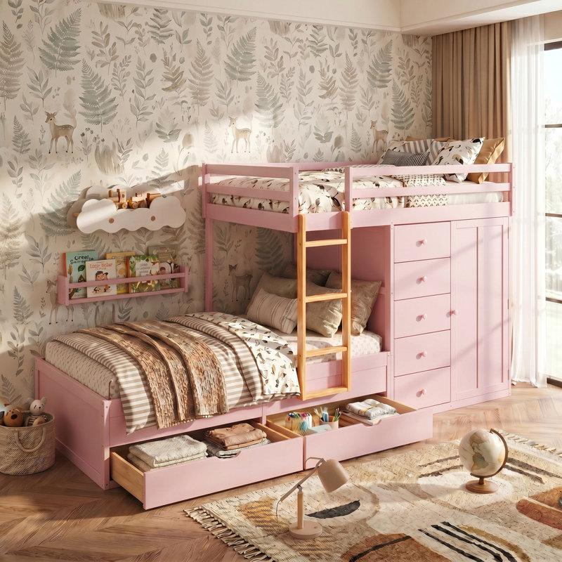 Lit superposé pleine grandeur rose Sakura avec 2 grands tiroirs et 5 petits tiroirs, panneau de fibres à densité moyenne de construction de haute qualité et bois massif, barrières de sécurité et échelle robuste, conception de rangement moderne avec petite armoire, beaucoup de rangement