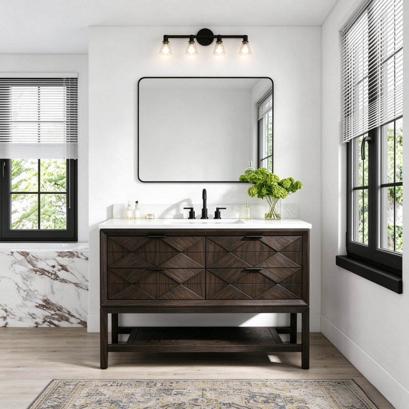 Meuble-lavabo autoportant en bois massif brun foncé 48 po avec plateau en marbre d'ingénierie, Dark Brown Oak