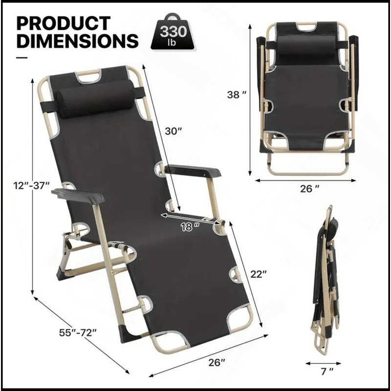 Chaise longue polyvalente pliable avec conception ergonomique avancée pour les loisirs en plein air, Noir