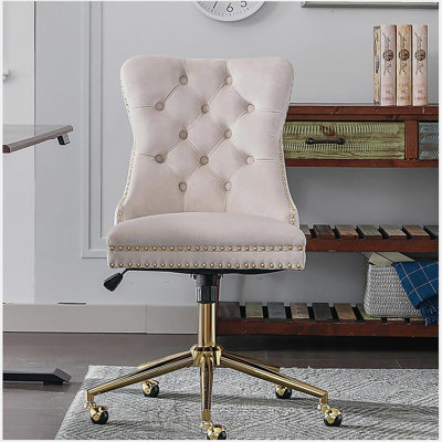 Chaise de bureau rembourrée en velours capitonnée avec base en métal doré, chaise de bureau pivotante réglable