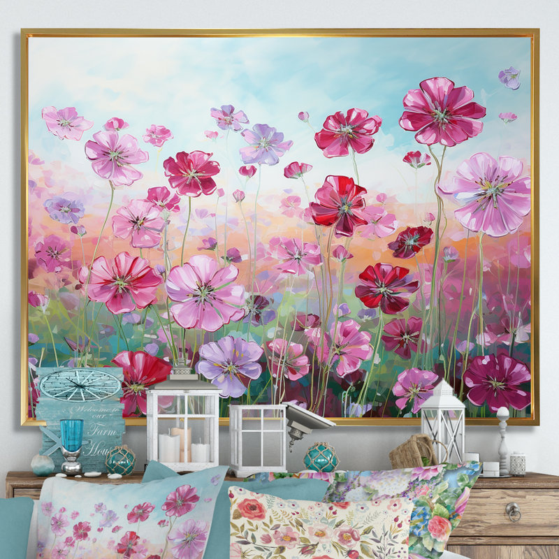 Fleurs de géraniums élégantes sur toile, Cadre flottant doré, H 24 po x l 32 po x P 0,5 po
