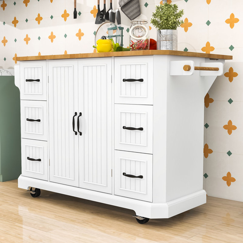 Rustic Wooden Kitchen Island Cart with Drop Leaf, Built-in Charging Station and Lockable Wheels, White