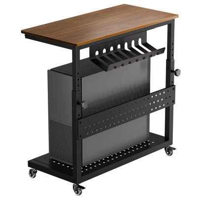 Support mobile réglable en hauteur pour tour d'ordinateur, chariot à roulettes pour unité centrale avec plateau en panneaux de particules et structure métallique, support de rangement à 2 niveaux avec roulettes verrouillables, finition noyer/blanc/noir pour bureau à domicile