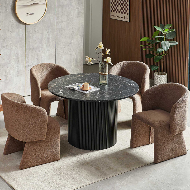 5-Piece Dining Table Set, Wood Top, Faux Fur Armchairs, Brown, Black Marble, Black
