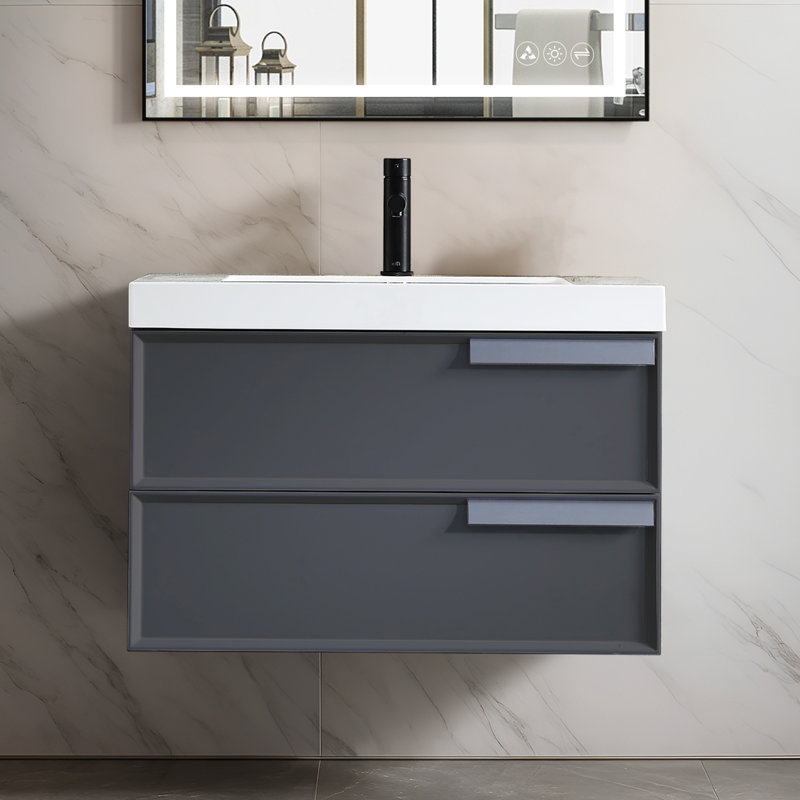 Ensemble de meuble-lavabo simple 30 po avec miroir Tyonna, Gris mat, DEL à côtés ronds givrés