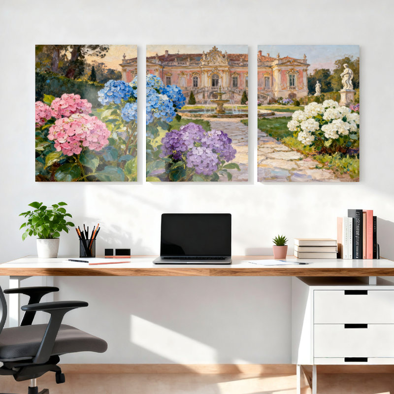 Ensemble de 3 toiles murales « Paysage de palais et d'hortensias », H 24 po x l 48 po