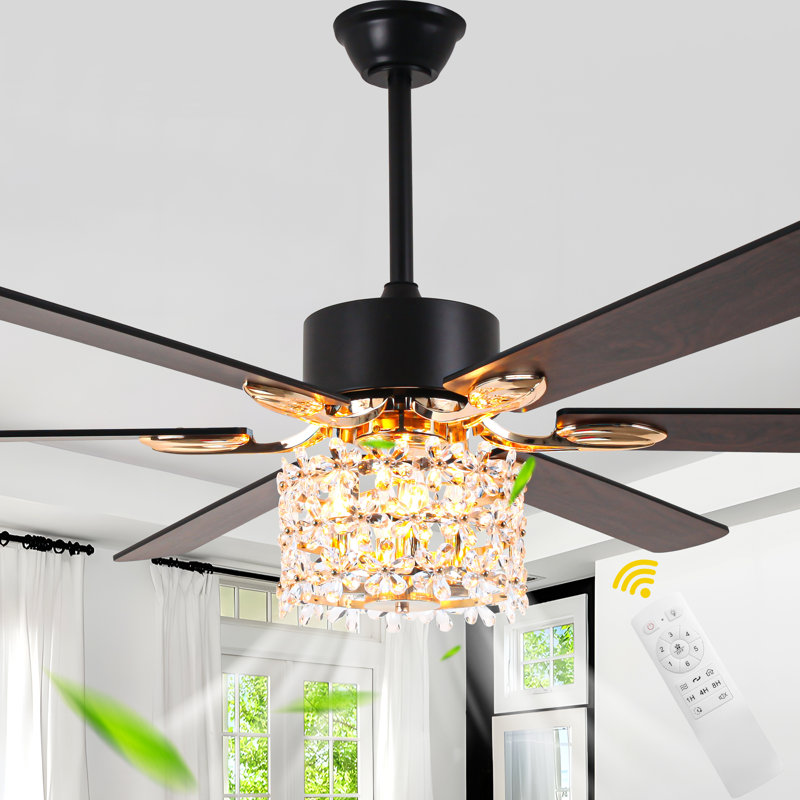 65" Modern Black Crystal Ceiling Fan with Light Kit and Remote 6-speed Reversible Motor Large Fan with Crsyarl Shade, Black