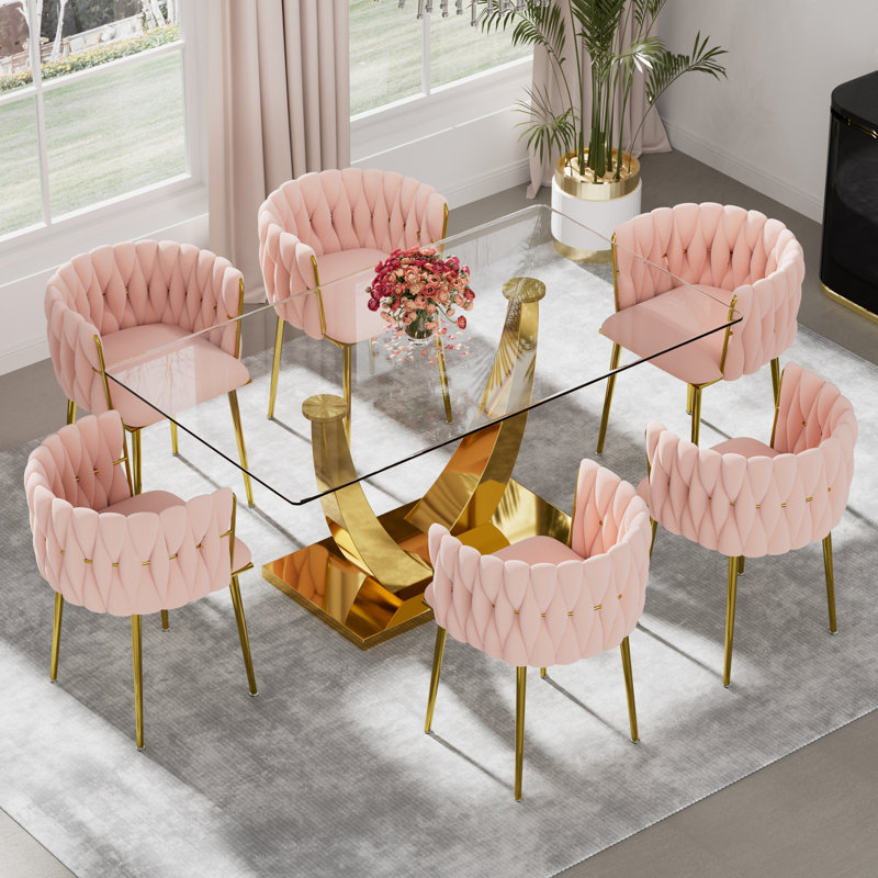 Ensemble de salle à manger rectangulaire à piédestal avec chaise tissée, H 29,5 po x L 63 po x l 35,4 po - or, Rose, Doré