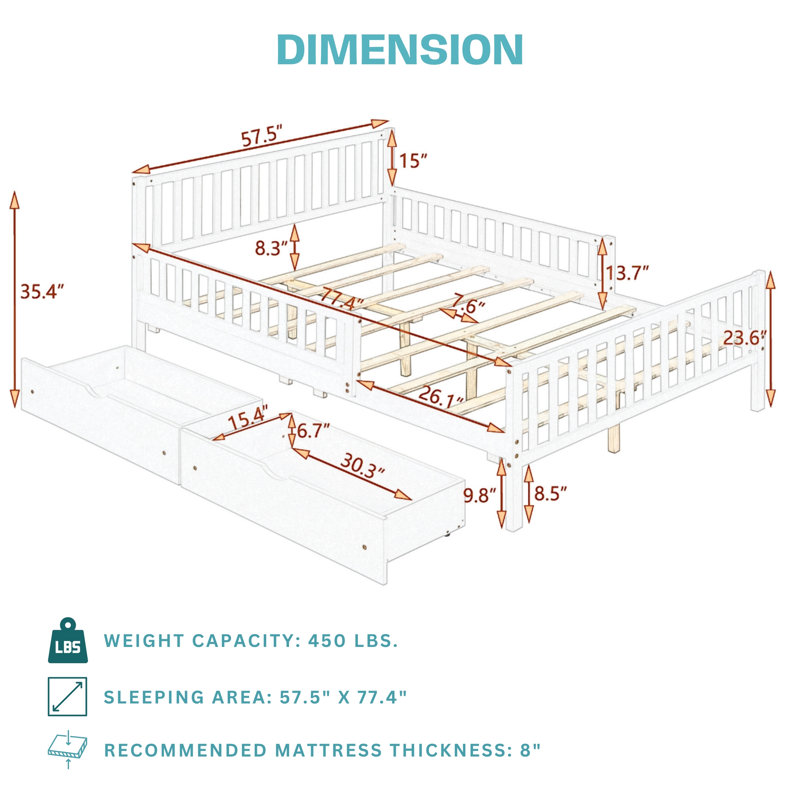 Lit plateforme pour enfants avec rails de sécurité et tiroirs de rangement Dreamhaven, Full, Grey
