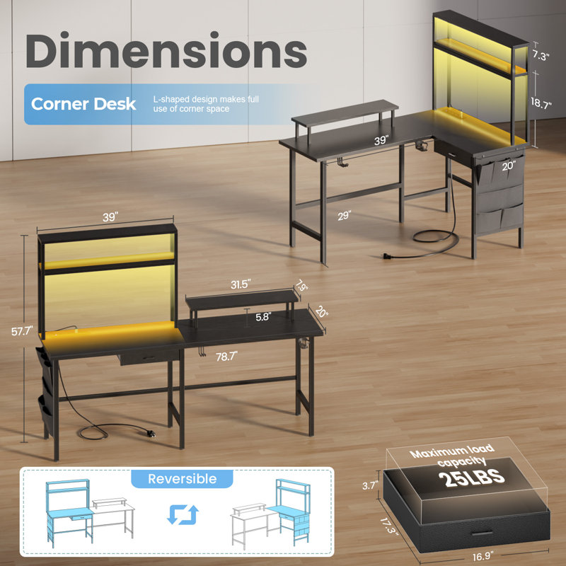 Bureau de jeu en forme de L réversible de 59 pouces avec lumières DEL, prises de courant et tiroir HLDI oui, bureau à domicile pour 2 personnes avec support pour écran, tablettes et sac de rangement, pour jouer, travailler et diffuser, noir
