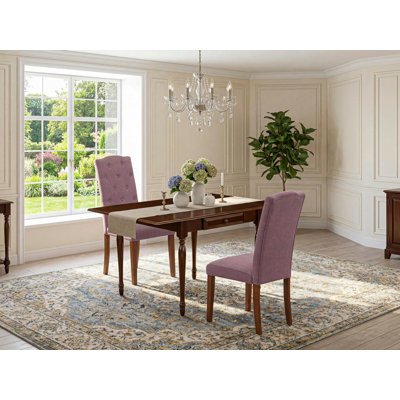L'ensemble de meubles de salle à manger 3 pièces contient une table de salle à manger rectangulaire avec Dropleaf et 2 chaises parsons en tissu Dahlia, acajou