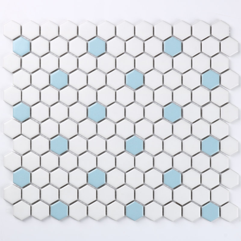 Perfection 1" x 1" Porcelain Mosaic Wall and Floor Tile, White/Sky Blue Dot