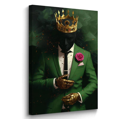 Black Man Picture Gold Crown Wall Art Afro American Canvas Prints King Crown Paintings Black African Wall Decor For Men Bedroom Framed (Green, 24L X 16W)