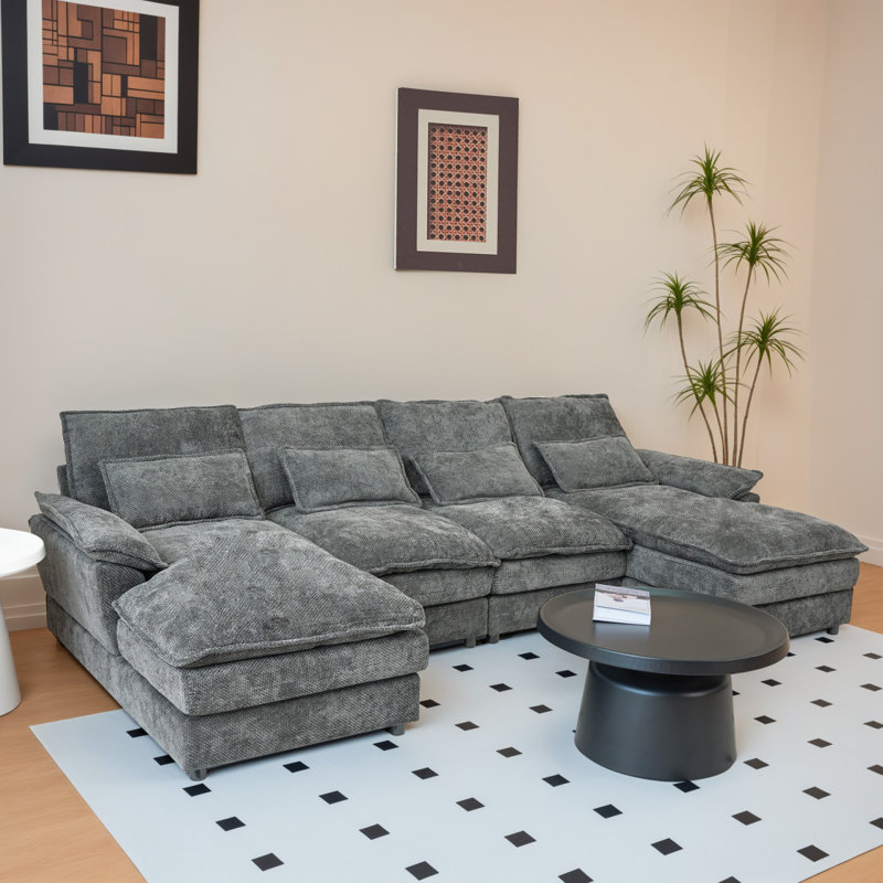 Canapé modulaire 110 "avec canapé modulaire 110" avec méridienne double, canapé de loisirs en U rembourré en chenille et coussins avec mousse à mémoire de forme et coussins de taille pour le bureau du salon, gris.