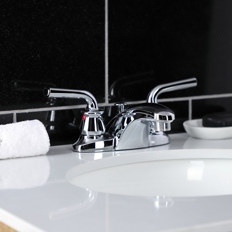 Kingston Brass Restoration Two-Handle 3-Hole Deck Mount 4" Centerset Bathroom Faucet with Plastic Pop-Up, Polished Chrome