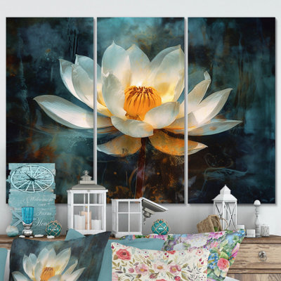 Vintage lotus blanc rétro sur fond grunge - ensemble de décoration murale lotus
