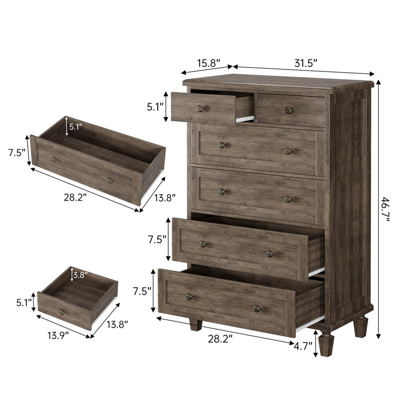 47" Tall Dresser for Bedroom, Vintage 6 Drawer Dresser with Carved Handles and Tapered Legs Design, Wood Chests of Drawers with Large Capacity Storage