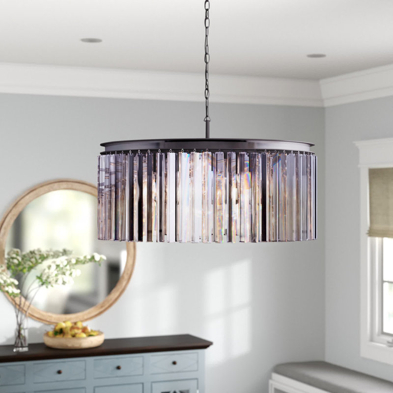 Lustre cylindrique unique à 8 lumières Yazmin, Abat-jour argenté (gris), H 13,5 po x l 26 po x P 26 po, Nickel poli