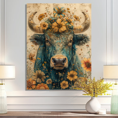 Vintage Floral Green Taurus Portrait - Cattle Animal Wall Decor