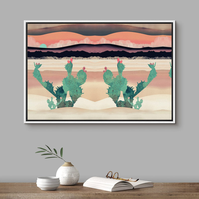 «Green Desert Cactus With Pink Flowers Abstract Wilderness Illustration Modern Art Rustic Scenic» sur toile, Blanc