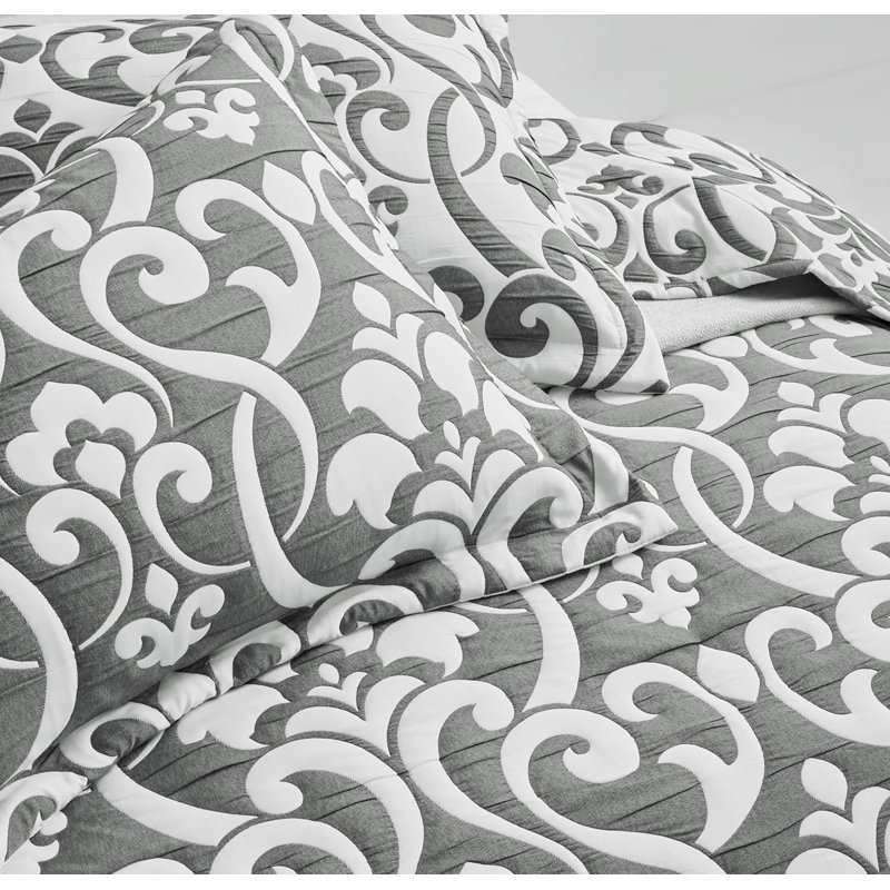 5-Piece Oversized Jacquard Matelasse Floral Damask Bedspread Set, Queen Coverlet + 4 Standard Shams, White/Dark Gray Damask