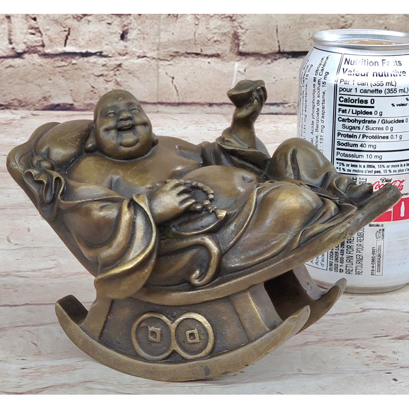 Sculpture originale de statue de Bouddha riant sur chaise berçante en bronze