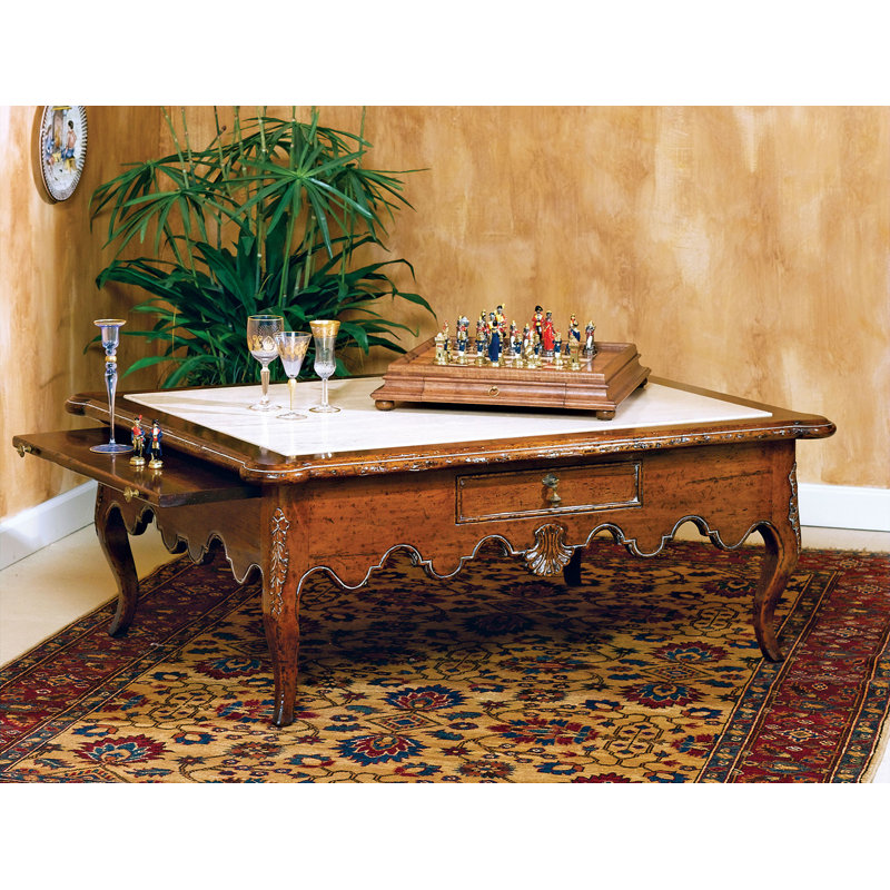 Country French Coffee Table with Storage, Burl Wood