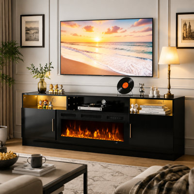 Gaming TV Stand for TVs up to 80", Media Console with Electric Fireplace and Power Outlets, Large Storage Space