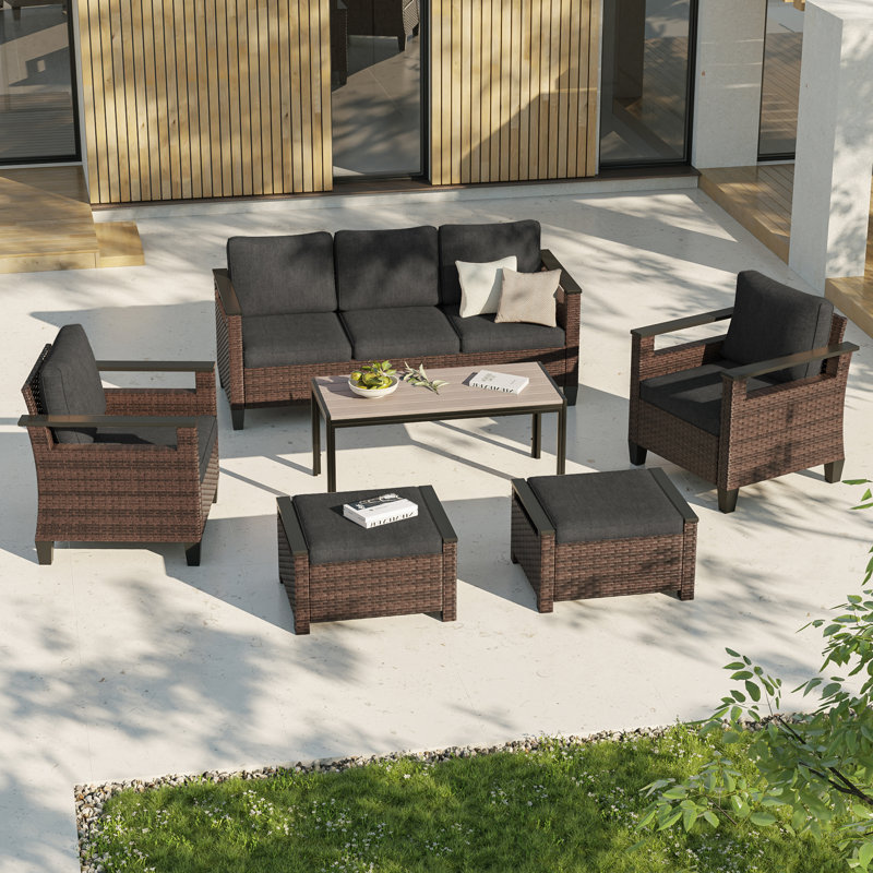 Ensemble de canapé de patio en rotin de 6 pièces avec table basse et structure robuste, Noir, noir, noir, noir