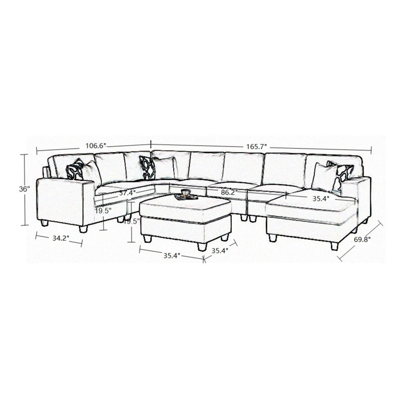 Dhrish Right Hand Facing Modular Seating Component Sectional with Ottoman, Light Gray Polyester, 36"H x 165.7'W x 106.6"D