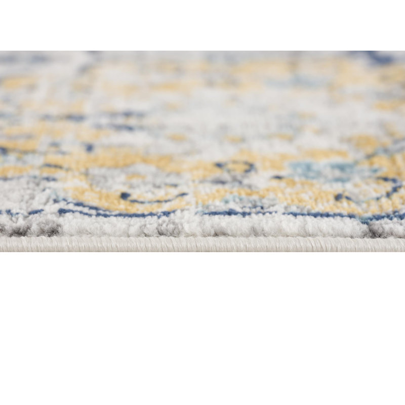Kymiere Abstract Area Rug in Blue/Mustard Yellow, Rectangle 3'9" x 5'6"