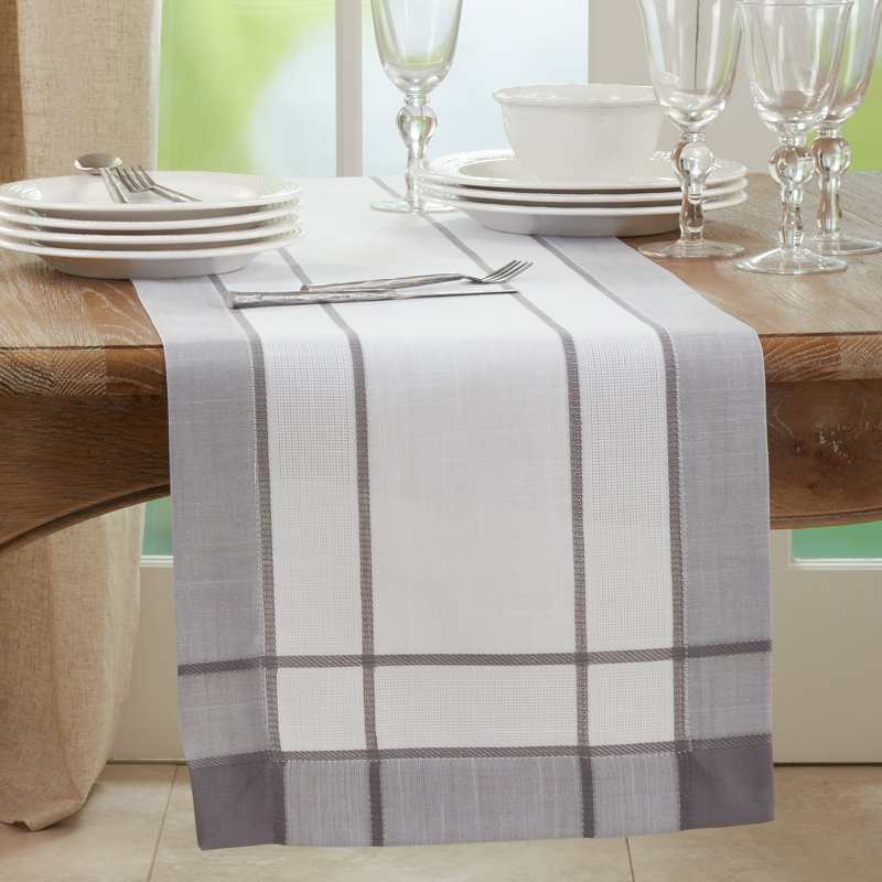 Gray and White Cotton Polyester Banded Border Table Runner