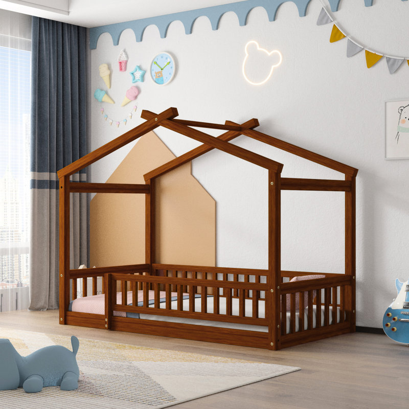 Elegant Walnut Twin House Bed Frame With Fun Fence Size Wood Fence, Color For ' Delight, Twin
