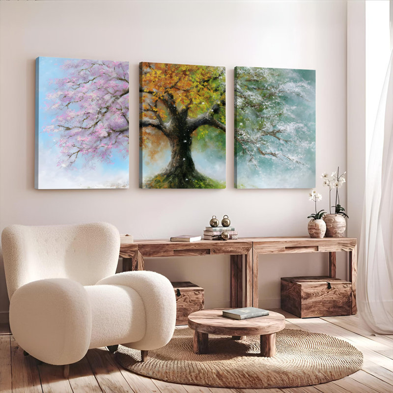 Tableau sur toile tendue représentant un arbre de saison (ensemble de 3), H 24 po x l 48 po
