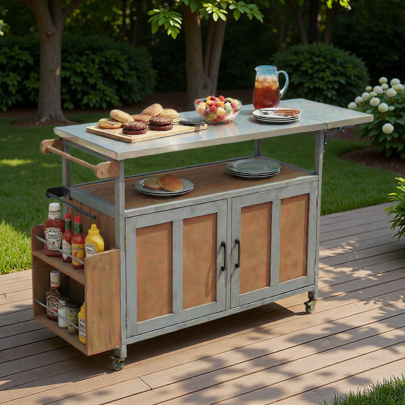 Îlot de cuisine extérieur pliable avec plan de travail en acier inoxydable, roues verrouillables, armoire de rangement, porte-serviettes et épice à deux niveaux