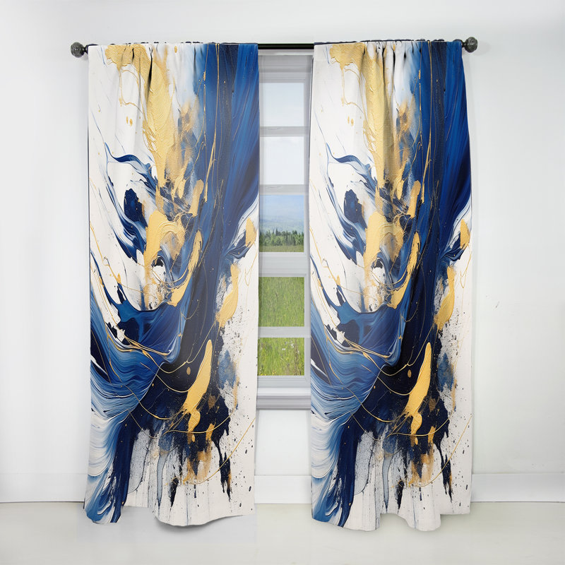 Rideau en velours abstrait bleu foncé et or V - 1 panneau, L 52 po x L 63 po