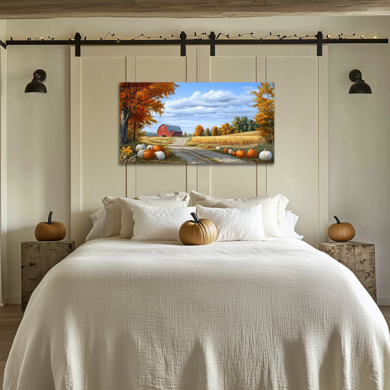 Art mural d'automne sur toile - citrouille, décoration murale, peintures d'automne campagnard, récolte, champ de maïs, art mural pour le salon de l'Action de grâce
